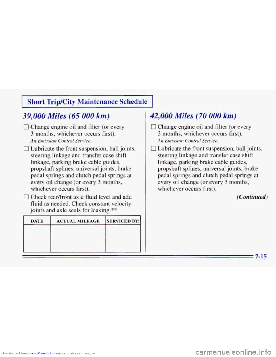 CHEVROLET BLAZER 1996 2.G Owners Manual Downloaded from www.Manualslib.com manuals search engine Short Trip/City Maintenance Schedule ..
39,000 Miles (65 000 km)
0 Change engine oil and filter (or every
3 months, whichever occurs f CHEVROLET BLAZER 1996 2.G Owners Manual Downloaded from www.Manualslib.com manuals search engine Short Trip/City Maintenance Schedule ..
39,000 Miles (65 000 km)
0 Change engine oil and filter (or every
3 months, whichever occurs f