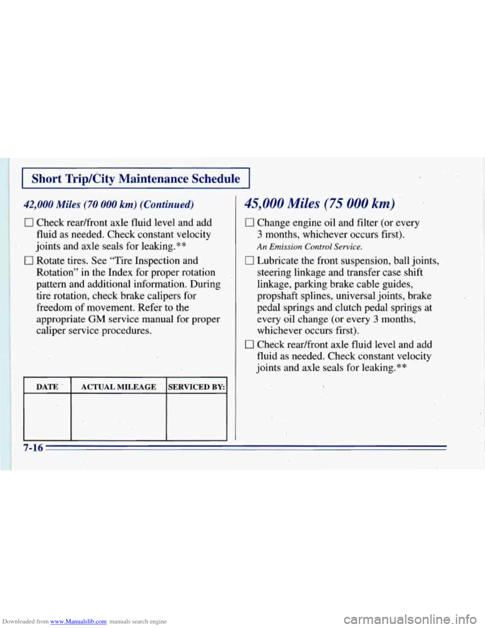 CHEVROLET BLAZER 1996 2.G Owners Manual Downloaded from www.Manualslib.com manuals search engine I Short TripKity Maintenance Schedule I
. ..
I
42,000 Miles (70 000 km) (Continued)
1 17 Check readfront axle fluid level and add
fl CHEVROLET BLAZER 1996 2.G Owners Manual Downloaded from www.Manualslib.com manuals search engine I Short TripKity Maintenance Schedule I
. ..
I
42,000 Miles (70 000 km) (Continued)
1 17 Check readfront axle fluid level and add
fl