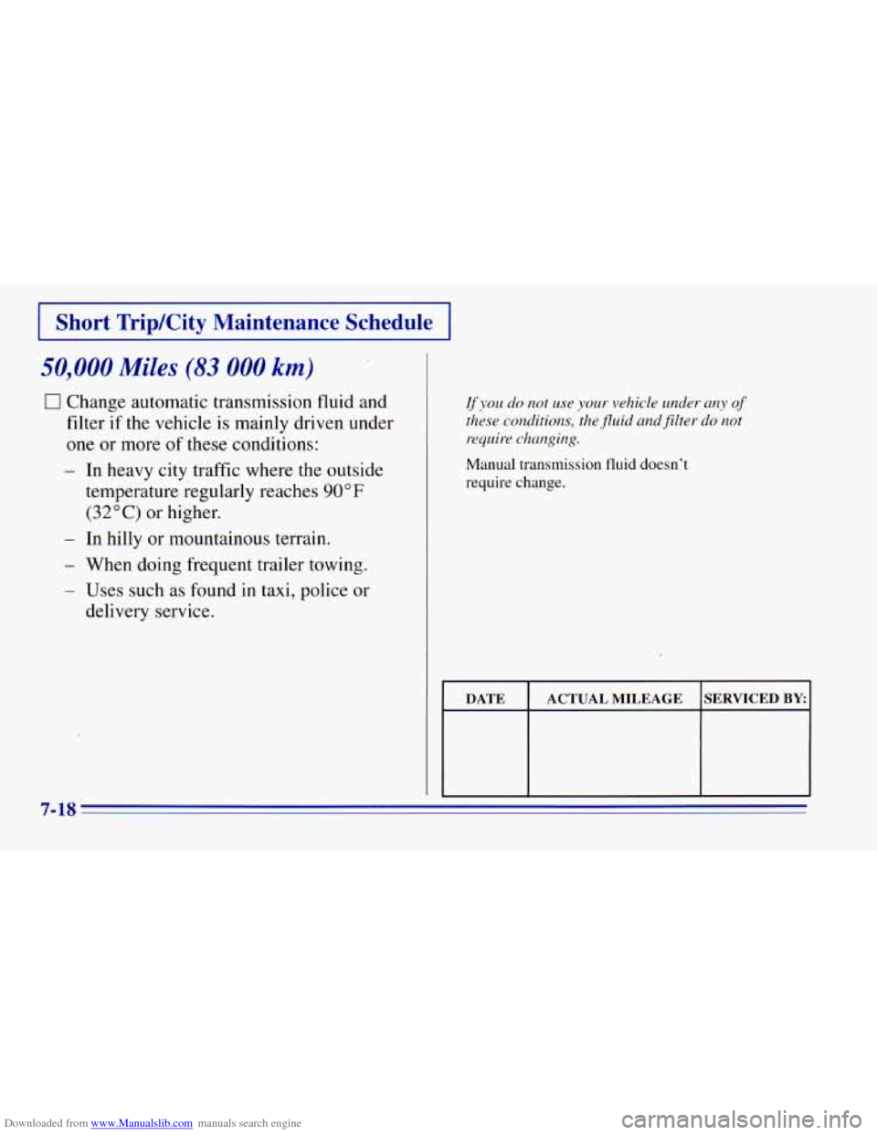 CHEVROLET BLAZER 1996 2.G Owners Manual Downloaded from www.Manualslib.com manuals search engine I Short TripKity Maintenance Schedule I
50,000 Miles (83 000 km)
0 Change automatic transmission fluid and
filter if the vehicle is CHEVROLET BLAZER 1996 2.G Owners Manual Downloaded from www.Manualslib.com manuals search engine I Short TripKity Maintenance Schedule I
50,000 Miles (83 000 km)
0 Change automatic transmission fluid and
filter if the vehicle is