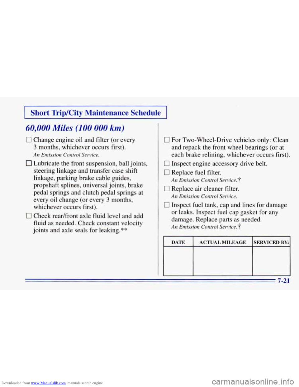 CHEVROLET BLAZER 1996 2.G Owners Manual Downloaded from www.Manualslib.com manuals search engine Short Trip/City Maintenance Schedule *
60,000 Miles (100 000 km)
c3 Change engine oil and filter (or every
3 months, whichever occurs f CHEVROLET BLAZER 1996 2.G Owners Manual Downloaded from www.Manualslib.com manuals search engine Short Trip/City Maintenance Schedule *
60,000 Miles (100 000 km)
c3 Change engine oil and filter (or every
3 months, whichever occurs f