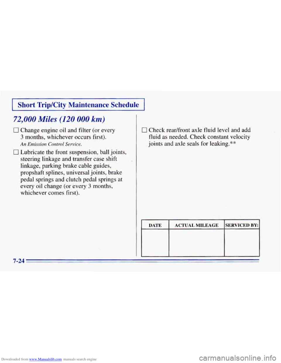 CHEVROLET BLAZER 1996 2.G Owners Manual Downloaded from www.Manualslib.com manuals search engine I Short TripKity Maintenance Schedule 1
72,000 Miles (120 000 km)
0 Change engine oil and filter (or every
3 months, whichever occur CHEVROLET BLAZER 1996 2.G Owners Manual Downloaded from www.Manualslib.com manuals search engine I Short TripKity Maintenance Schedule 1
72,000 Miles (120 000 km)
0 Change engine oil and filter (or every
3 months, whichever occur
