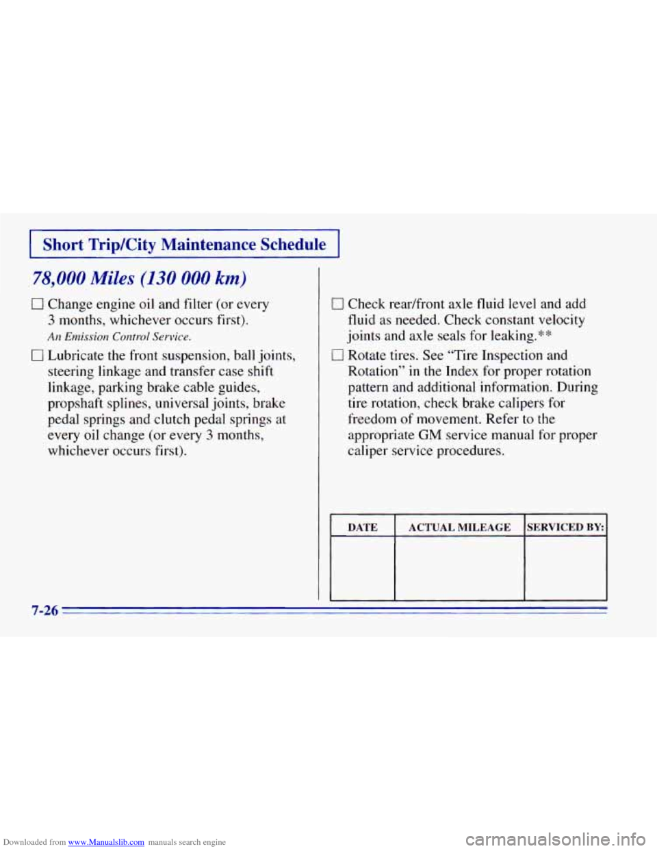 CHEVROLET BLAZER 1996 2.G Owners Manual Downloaded from www.Manualslib.com manuals search engine 0 Check readfront axle fluid level and add
fluid as needed. Check constant velocity
joints and axle seals for leaking.**
0 Rotat CHEVROLET BLAZER 1996 2.G Owners Manual Downloaded from www.Manualslib.com manuals search engine 0 Check readfront axle fluid level and add
fluid as needed. Check constant velocity
joints and axle seals for leaking.**
0 Rotat