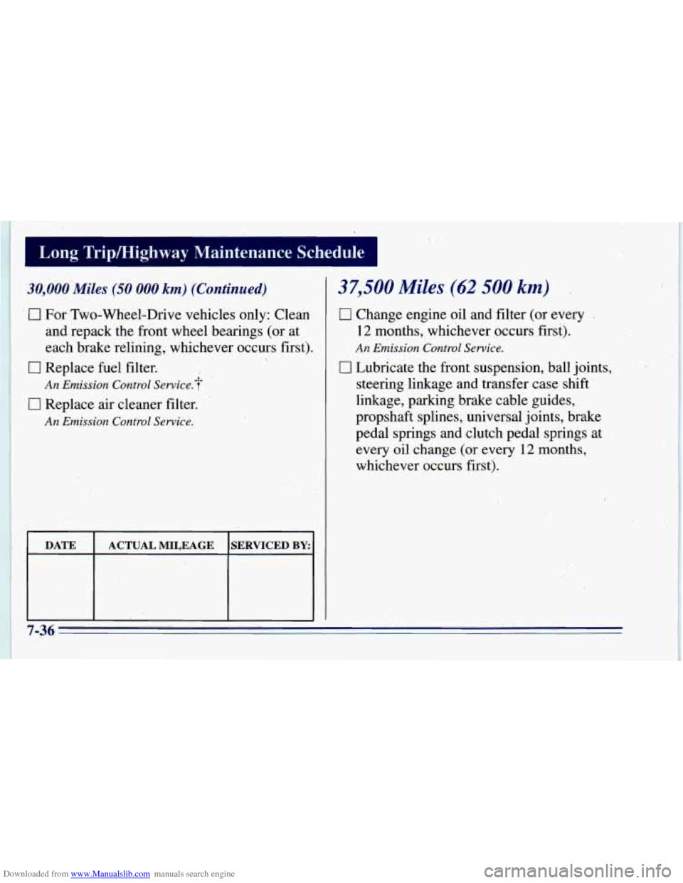 CHEVROLET BLAZER 1996 2.G Owners Manual Downloaded from www.Manualslib.com manuals search engine 30,000 Miles (50 000 km) (Continued)
0 For Two-Wheel-Drive vehicles only: Clean
and repack the front wheel bearings (or at
each b CHEVROLET BLAZER 1996 2.G Owners Manual Downloaded from www.Manualslib.com manuals search engine 30,000 Miles (50 000 km) (Continued)
0 For Two-Wheel-Drive vehicles only: Clean
and repack the front wheel bearings (or at
each b