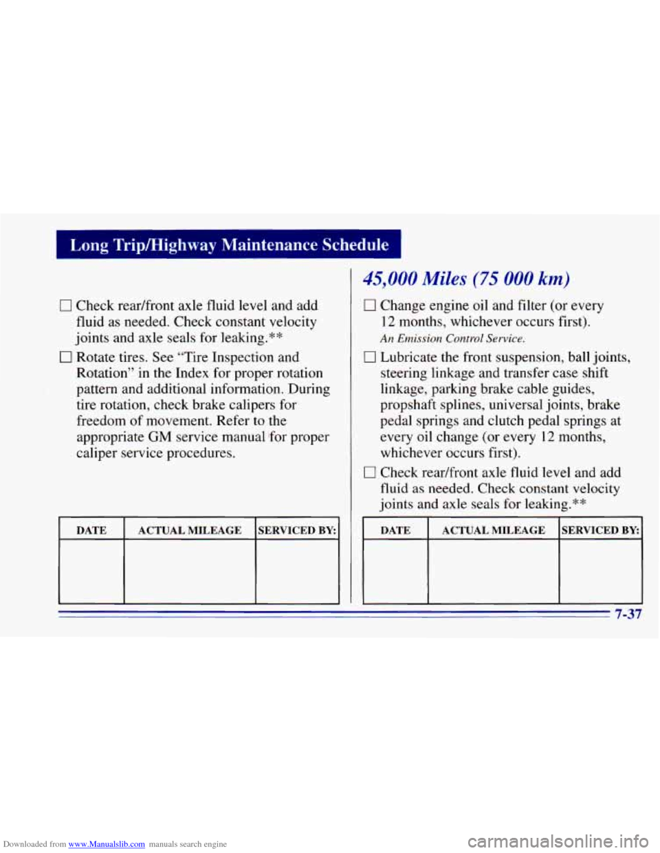 CHEVROLET BLAZER 1996 2.G Owners Manual Downloaded from www.Manualslib.com manuals search engine I Long Tripmighway Maintenance Schedule I
0 Check readfront axle fluid level and add
fluid as needed. Check constant velocity
joints a CHEVROLET BLAZER 1996 2.G Owners Manual Downloaded from www.Manualslib.com manuals search engine I Long Tripmighway Maintenance Schedule I
0 Check readfront axle fluid level and add
fluid as needed. Check constant velocity
joints a