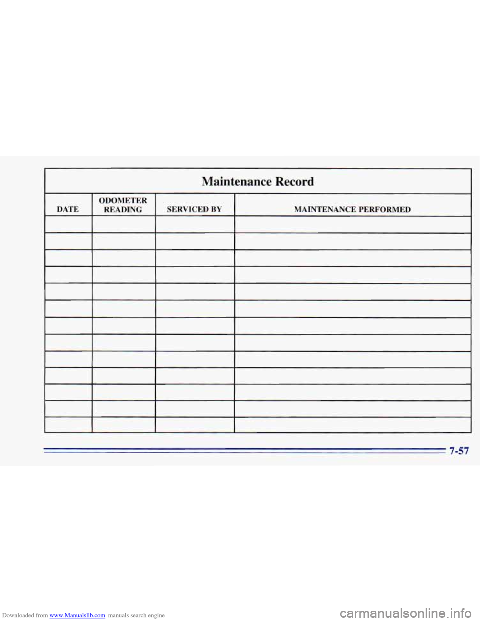 CHEVROLET BLAZER 1996 2.G Owners Manual Downloaded from www.Manualslib.com manuals search engine Maintenance Record
ODOMETER
DATE MAINTENANCE PERFORMED SERVICED
BY READING
7-57 CHEVROLET BLAZER 1996 2.G Owners Manual Downloaded from www.Manualslib.com manuals search engine Maintenance Record
ODOMETER
DATE MAINTENANCE PERFORMED SERVICED
BY READING
7-57