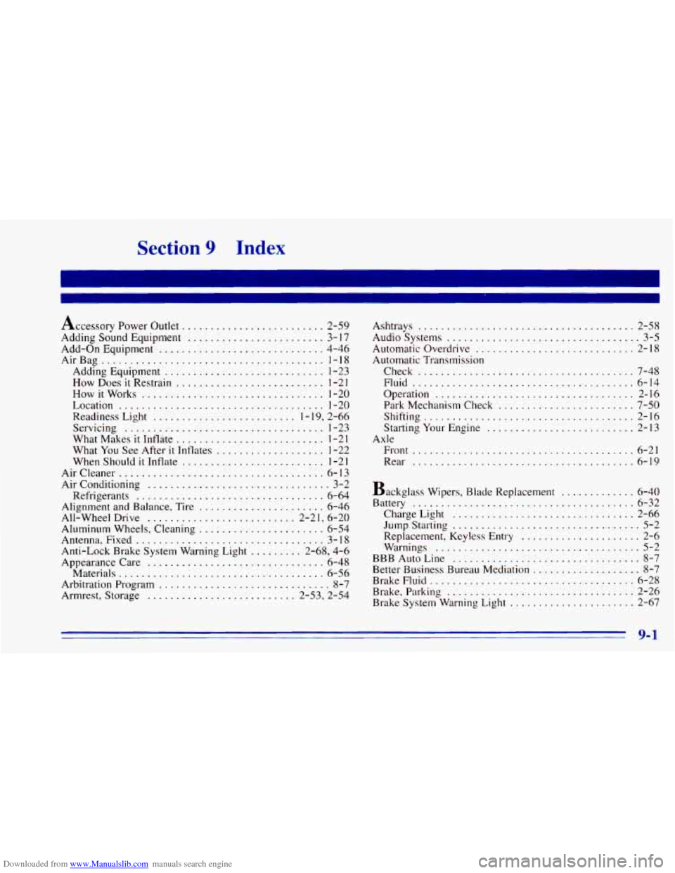 CHEVROLET BLAZER 1996 2.G Owners Manual Downloaded from www.Manualslib.com manuals search engine Section 9 Index
Accessory Power Outlet ......................... 2-59
Adding Sound Equipment
........................ 3-17
Add-on Equipme CHEVROLET BLAZER 1996 2.G Owners Manual Downloaded from www.Manualslib.com manuals search engine Section 9 Index
Accessory Power Outlet ......................... 2-59
Adding Sound Equipment
........................ 3-17
Add-on Equipme