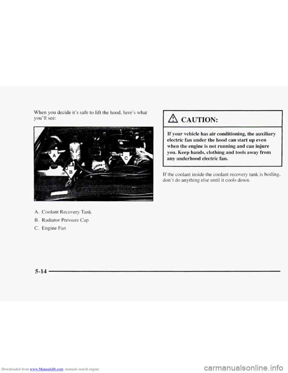 CHEVROLET BLAZER 1997 2.G Owners Manual Downloaded from www.Manualslib.com manuals search engine When you decide its safe to lift the hood.  heres  what 
youll see: 
hi 
A. Coolant  Recovery Tank 
B. Radiator  Pressure Cap 
C. Engine Fan