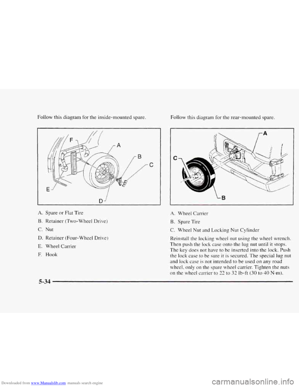 CHEVROLET BLAZER 1997 2.G Owners Manual Downloaded from www.Manualslib.com manuals search engine Follow this diagram for the inside-mounted spare. Follow this diagram for the rear-mounted  spare. 
C 
D i 
C7 
- i, 
A. Spare  or Flat Tire 
B