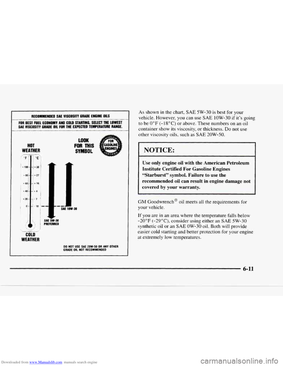 CHEVROLET BLAZER 1997 2.G Owners Manual Downloaded from www.Manualslib.com manuals search engine SAL VISCOSITY  GRADE ENGINE OILS 
FOR BEST  FUEL  ECONOMY  AN0 COLD STARTING,  SELECT  THE  LOWEST 
SAE 
VISCOSITY GRADE  OIL FOR THLEXPECTED 