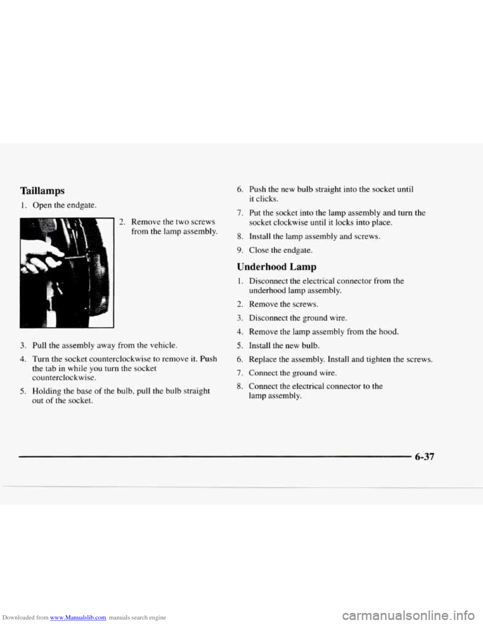 CHEVROLET BLAZER 1997 2.G Owners Manual Downloaded from www.Manualslib.com manuals search engine Taillamps
1. Open the endgate.
2. Remove the two screws
from the lamp assembly.
3. Pull the assembly away from the vehicle.
4. Tu CHEVROLET BLAZER 1997 2.G Owners Manual Downloaded from www.Manualslib.com manuals search engine Taillamps
1. Open the endgate.
2. Remove the two screws
from the lamp assembly.
3. Pull the assembly away from the vehicle.
4. Tu