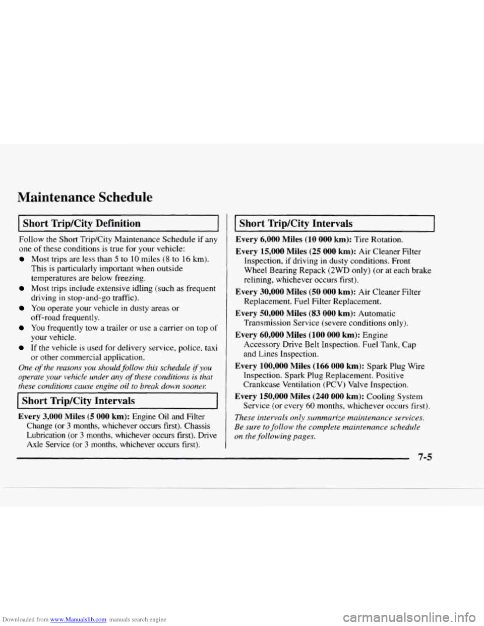 CHEVROLET BLAZER 1997 2.G Owners Manual Downloaded from www.Manualslib.com manuals search engine Maintenance Schedule
I Short TripKity Definition - ~-
Follow the Short TripKity Maintenance Schedule if any
one
of these conditions CHEVROLET BLAZER 1997 2.G Owners Manual Downloaded from www.Manualslib.com manuals search engine Maintenance Schedule
I Short TripKity Definition - ~-
Follow the Short TripKity Maintenance Schedule if any
one
of these conditions