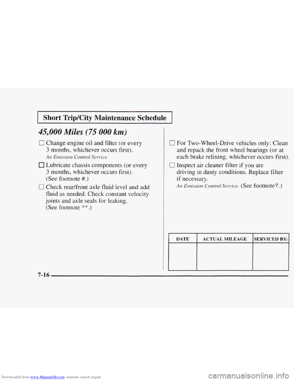 CHEVROLET BLAZER 1997 2.G Owners Manual Downloaded from www.Manualslib.com manuals search engine I Short  TripKity  Maintenance  Schedule 1 
45,000 Miles (75 000 km) 
0 
0 
Change engine oil  and  filter (or  every 
3 months, whichever occu