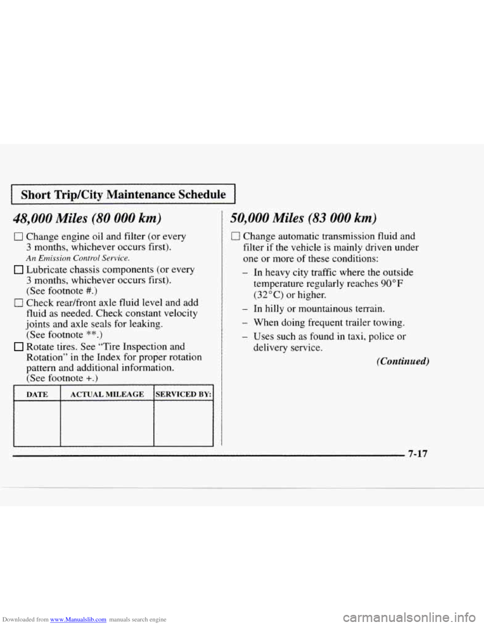 CHEVROLET BLAZER 1997 2.G Owners Manual Downloaded from www.Manualslib.com manuals search engine Short TripKity Maintenance  Schedule 
48,000 Miles (80 000 km) 
0 Change  engine oil and filter  (or  every 
3 months, whichever  occurs  first