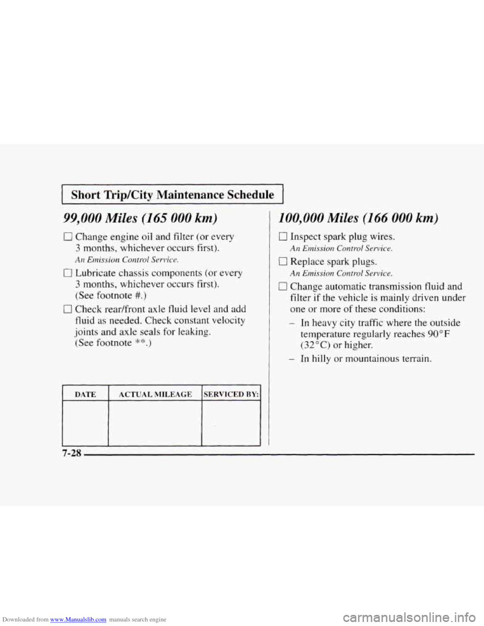 CHEVROLET BLAZER 1997 2.G Owners Manual Downloaded from www.Manualslib.com manuals search engine 1 Short Trip/City Maintenance Schedule I
99,000 Miles (165 000 km)
0 Change engine oil and filter (or every
3 months, whichever occurs CHEVROLET BLAZER 1997 2.G Owners Manual Downloaded from www.Manualslib.com manuals search engine 1 Short Trip/City Maintenance Schedule I
99,000 Miles (165 000 km)
0 Change engine oil and filter (or every
3 months, whichever occurs