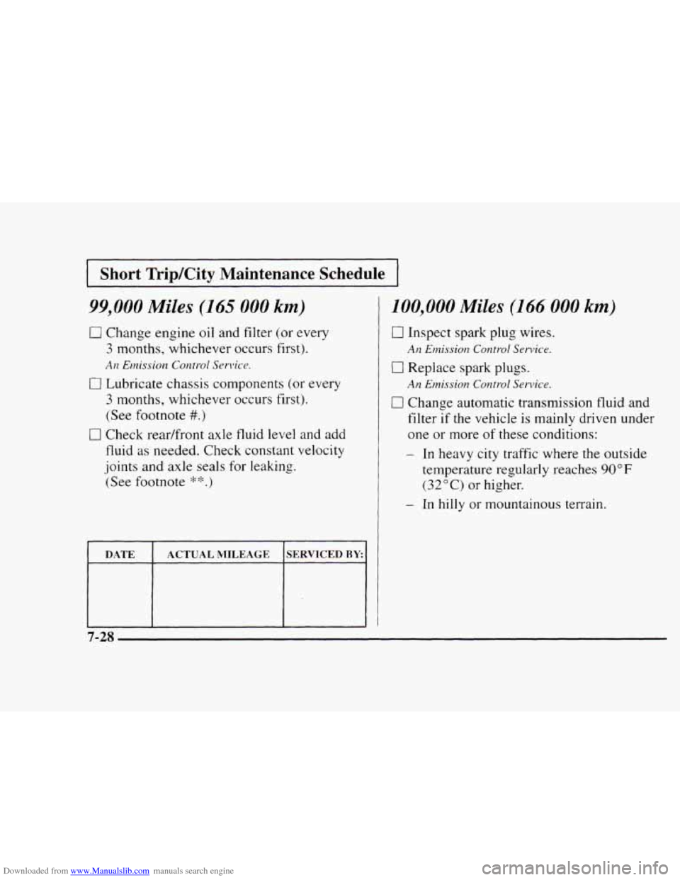 CHEVROLET BLAZER 1997 2.G Manual Online Downloaded from www.Manualslib.com manuals search engine 1 Short  Trip/City  Maintenance  Schedule I 
99,000 Miles (165 000 km) 
0 Change engine oil and  filter  (or every 
3 months, whichever  occurs