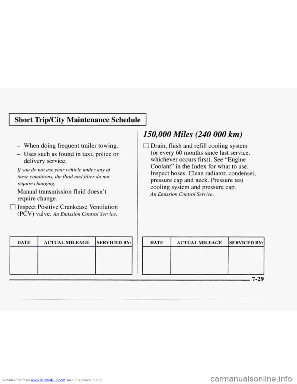 CHEVROLET BLAZER 1997 2.G Owners Manual Downloaded from www.Manualslib.com manuals search engine Short TriplCity Maintenance Schedule I
- When doing frequent trailer towing.
- Uses such as found in taxi, police or
delivery servi CHEVROLET BLAZER 1997 2.G Owners Manual Downloaded from www.Manualslib.com manuals search engine Short TriplCity Maintenance Schedule I
- When doing frequent trailer towing.
- Uses such as found in taxi, police or
delivery servi