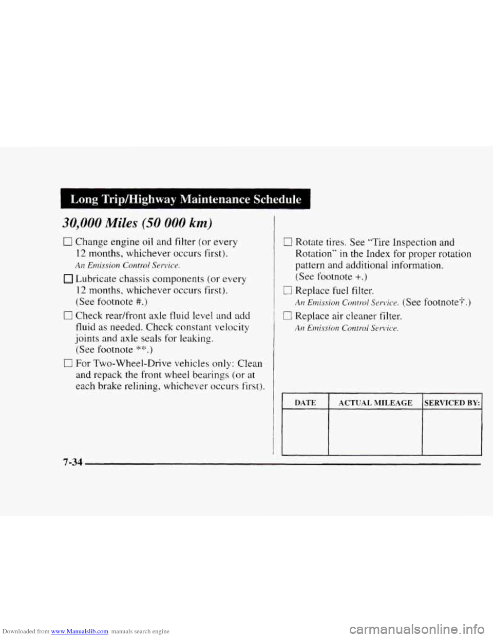 CHEVROLET BLAZER 1997 2.G Owners Manual Downloaded from www.Manualslib.com manuals search engine 30,000 Miles (50 000 km) 
0 Change engine oil and  filter  (or every 
12 months,  whichever  occurs first). 
Alz Emission Control Srl-\,im. 
Lu