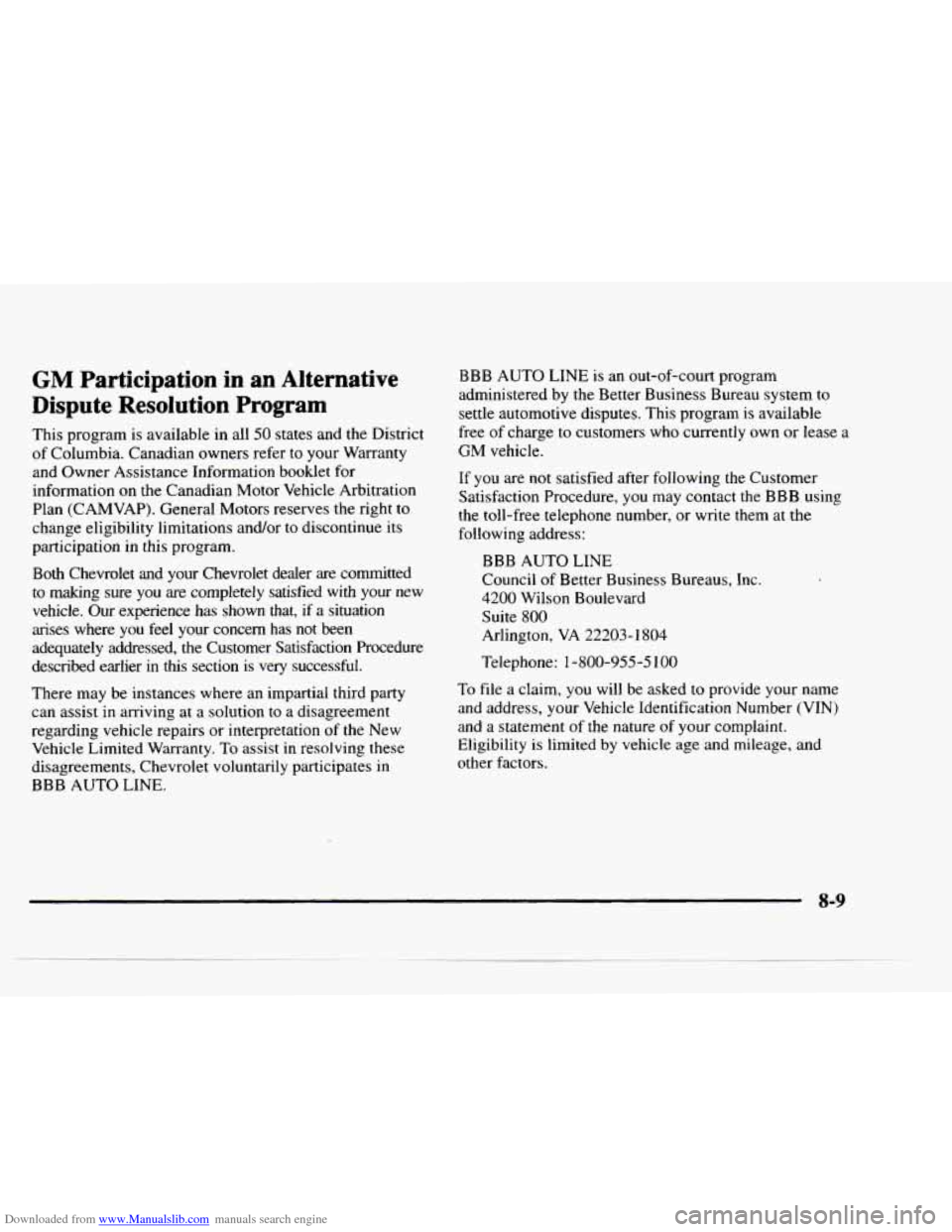 CHEVROLET BLAZER 1997 2.G Owners Manual Downloaded from www.Manualslib.com manuals search engine GM Participation  in an Alternative 
Dispute  Resolution 
Program 
This  program  is available  in all 50 states  and the  District 
of Columbi