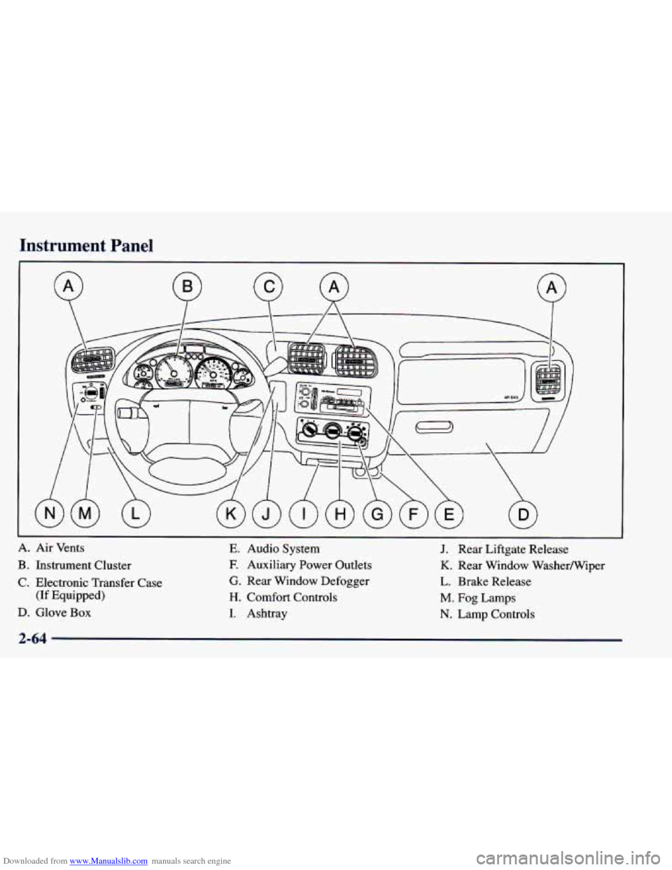 CHEVROLET BLAZER 1998 2.G Owners Manual Downloaded from www.Manualslib.com manuals search engine Instrument Panel
A. Air Vents E. Audio System J. Rear Liftgate Release
B. Instrument Cluster E Auxiliary Power Outlets K. Rear Window CHEVROLET BLAZER 1998 2.G Owners Manual Downloaded from www.Manualslib.com manuals search engine Instrument Panel
A. Air Vents E. Audio System J. Rear Liftgate Release
B. Instrument Cluster E Auxiliary Power Outlets K. Rear Window