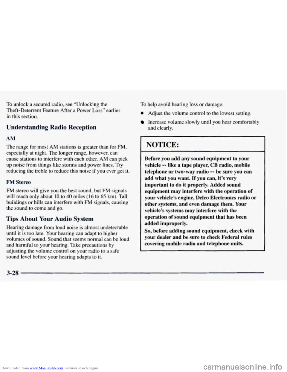 CHEVROLET BLAZER 1998 2.G Owners Manual Downloaded from www.Manualslib.com manuals search engine To unlock a secured radio, see “Unlocking the
Theft-Deterrent Feature After
a Power Loss” earlier
in this section.
Understanding CHEVROLET BLAZER 1998 2.G Owners Manual Downloaded from www.Manualslib.com manuals search engine To unlock a secured radio, see “Unlocking the
Theft-Deterrent Feature After
a Power Loss” earlier
in this section.
Understanding
