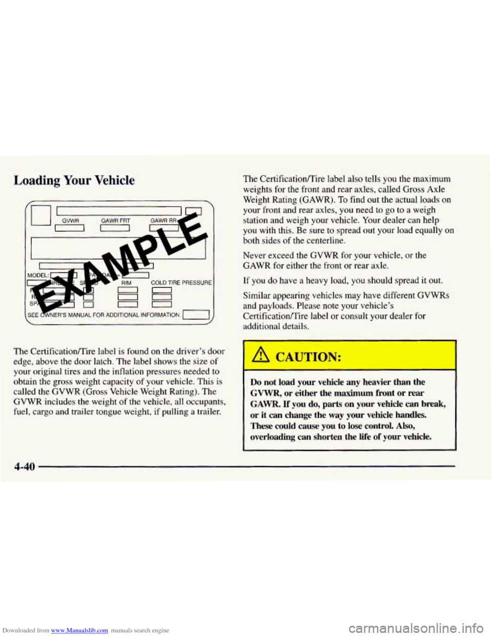 CHEVROLET BLAZER 1998 2.G Owners Manual Downloaded from www.Manualslib.com manuals search engine Loading Your Vehicle
I, 1
COLD TIRE PRESSURE . - uu
on
00
\SEE FNER’S MANUAL FOR ADDITIONAL INFORMATION. TI I
The Certification/Tire CHEVROLET BLAZER 1998 2.G Owners Manual Downloaded from www.Manualslib.com manuals search engine Loading Your Vehicle
I, 1
COLD TIRE PRESSURE . - uu
on
00
\SEE FNER’S MANUAL FOR ADDITIONAL INFORMATION. TI I
The Certification/Tire