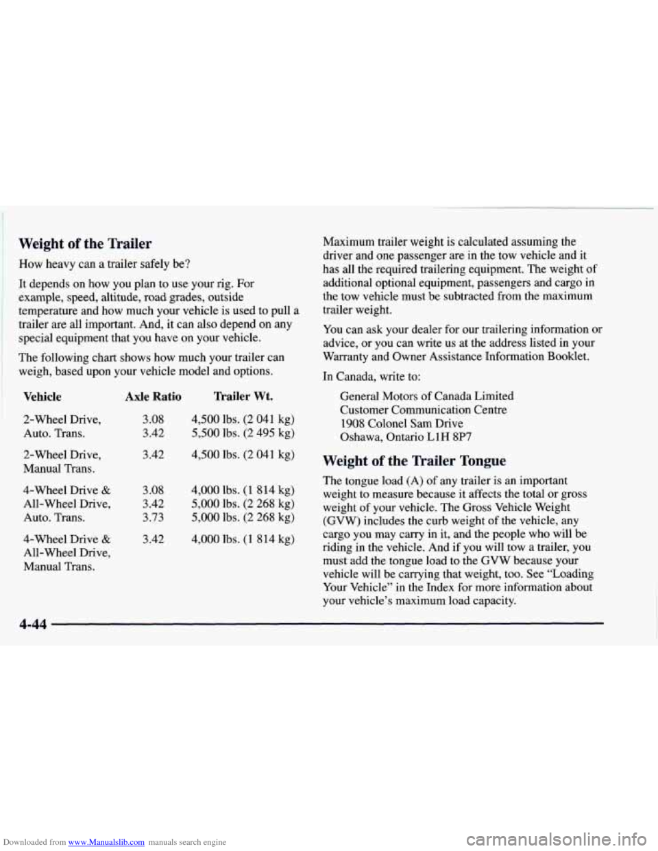 CHEVROLET BLAZER 1998 2.G Owners Manual Downloaded from www.Manualslib.com manuals search engine Weight of the Trailer
How heavy can a trailer safely be?
It depends on how you plan to use your rig. For
example, speed, altitude CHEVROLET BLAZER 1998 2.G Owners Manual Downloaded from www.Manualslib.com manuals search engine Weight of the Trailer
How heavy can a trailer safely be?
It depends on how you plan to use your rig. For
example, speed, altitude