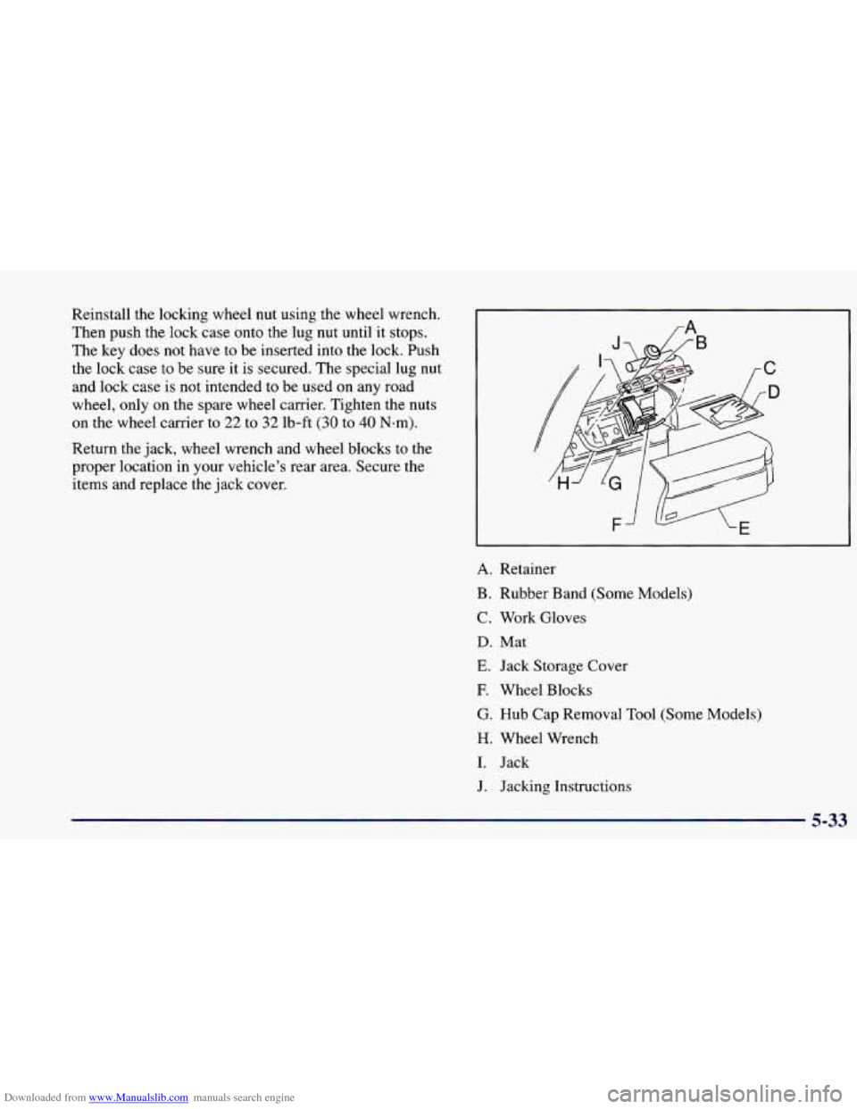 CHEVROLET BLAZER 1998 2.G Owners Manual Downloaded from www.Manualslib.com manuals search engine Reinstall the locking wheel nut using the wheel wrench.
Then push the lock case onto the lug nut until it stops.
The key do CHEVROLET BLAZER 1998 2.G Owners Manual Downloaded from www.Manualslib.com manuals search engine Reinstall the locking wheel nut using the wheel wrench.
Then push the lock case onto the lug nut until it stops.
The key do