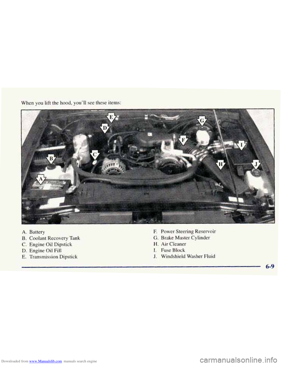 CHEVROLET BLAZER 1998 2.G Owners Manual Downloaded from www.Manualslib.com manuals search engine When you lift the hood, you’ll see these items:
A. Battery E Power Steering Reservoir
8. Coolant Recovery Tank G. Brake Master Cy CHEVROLET BLAZER 1998 2.G Owners Manual Downloaded from www.Manualslib.com manuals search engine When you lift the hood, you’ll see these items:
A. Battery E Power Steering Reservoir
8. Coolant Recovery Tank G. Brake Master Cy