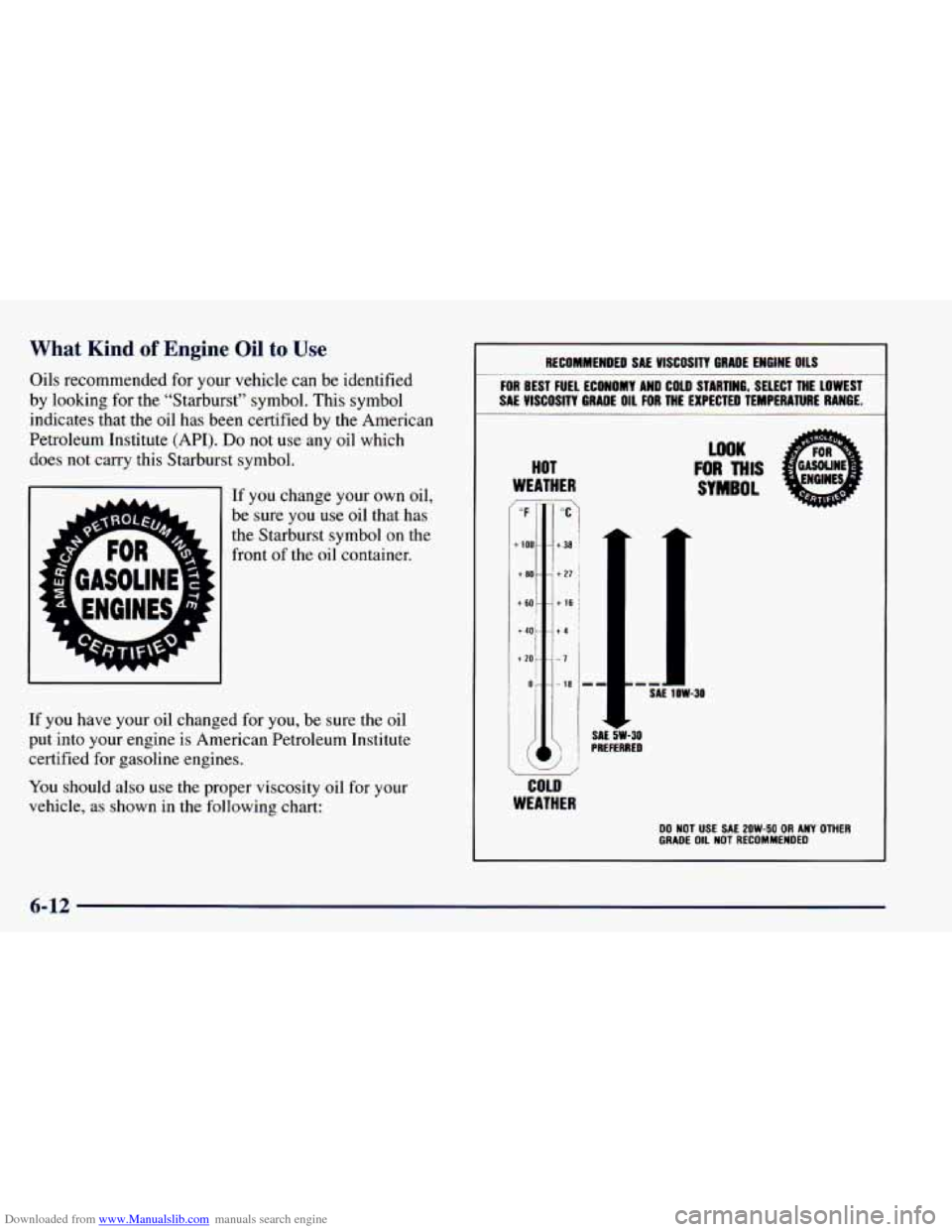 CHEVROLET BLAZER 1998 2.G Owners Manual Downloaded from www.Manualslib.com manuals search engine What Kind of Engine Oil to Use
Oils recommended for your vehicle can be identified
by looking for the “Starburst” symbol. This sym CHEVROLET BLAZER 1998 2.G Owners Manual Downloaded from www.Manualslib.com manuals search engine What Kind of Engine Oil to Use
Oils recommended for your vehicle can be identified
by looking for the “Starburst” symbol. This sym
