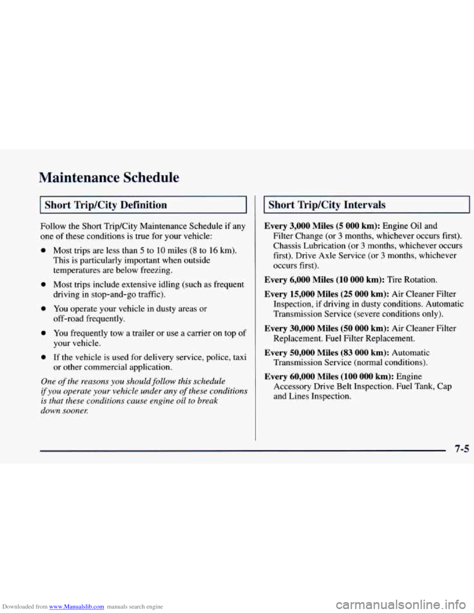 CHEVROLET BLAZER 1998 2.G Owners Manual Downloaded from www.Manualslib.com manuals search engine Maintenance Schedule
Short Trip/City Definition i
Follow the Short Trip/City Maintenance Schedule if any
one
of these conditions is CHEVROLET BLAZER 1998 2.G Owners Manual Downloaded from www.Manualslib.com manuals search engine Maintenance Schedule
Short Trip/City Definition i
Follow the Short Trip/City Maintenance Schedule if any
one
of these conditions is