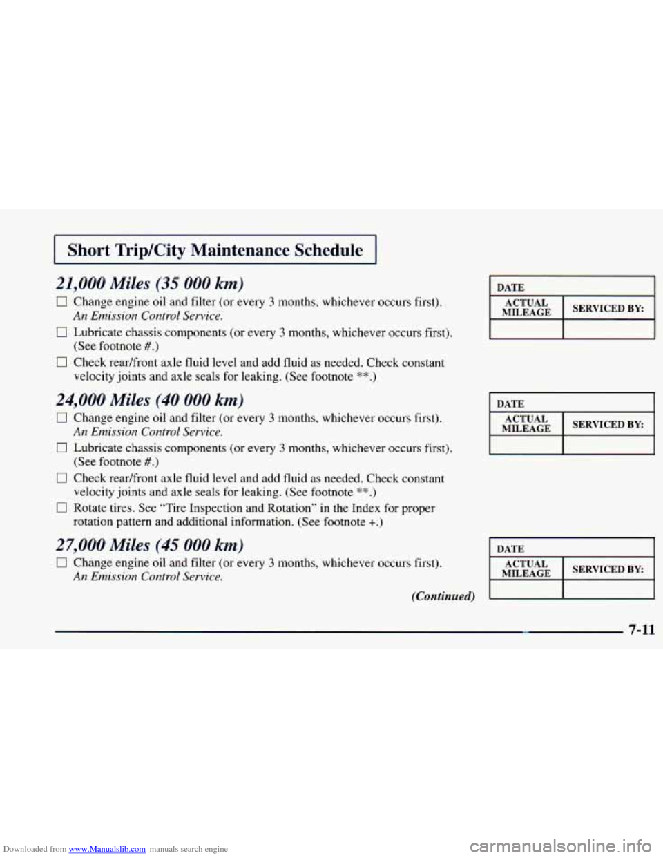 CHEVROLET BLAZER 1998 2.G Owners Manual Downloaded from www.Manualslib.com manuals search engine I Short TripKity Maintenance Schedule I
21,000 Miles (35 000 km)
0 Change engine oil and filter (or every 3 months, whichever occurs f CHEVROLET BLAZER 1998 2.G Owners Manual Downloaded from www.Manualslib.com manuals search engine I Short TripKity Maintenance Schedule I
21,000 Miles (35 000 km)
0 Change engine oil and filter (or every 3 months, whichever occurs f