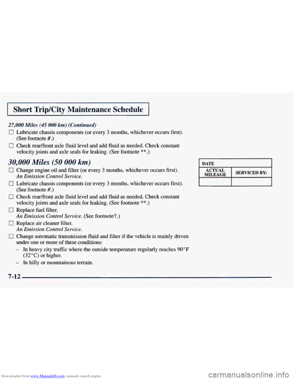 CHEVROLET BLAZER 1998 2.G Owners Manual Downloaded from www.Manualslib.com manuals search engine Short Trip/City Maintenance Schedule
27,000 Miles (45 000 km) (Continued)
0 Lubricate chassis components (or every 3 months, whichever oc CHEVROLET BLAZER 1998 2.G Owners Manual Downloaded from www.Manualslib.com manuals search engine Short Trip/City Maintenance Schedule
27,000 Miles (45 000 km) (Continued)
0 Lubricate chassis components (or every 3 months, whichever oc
