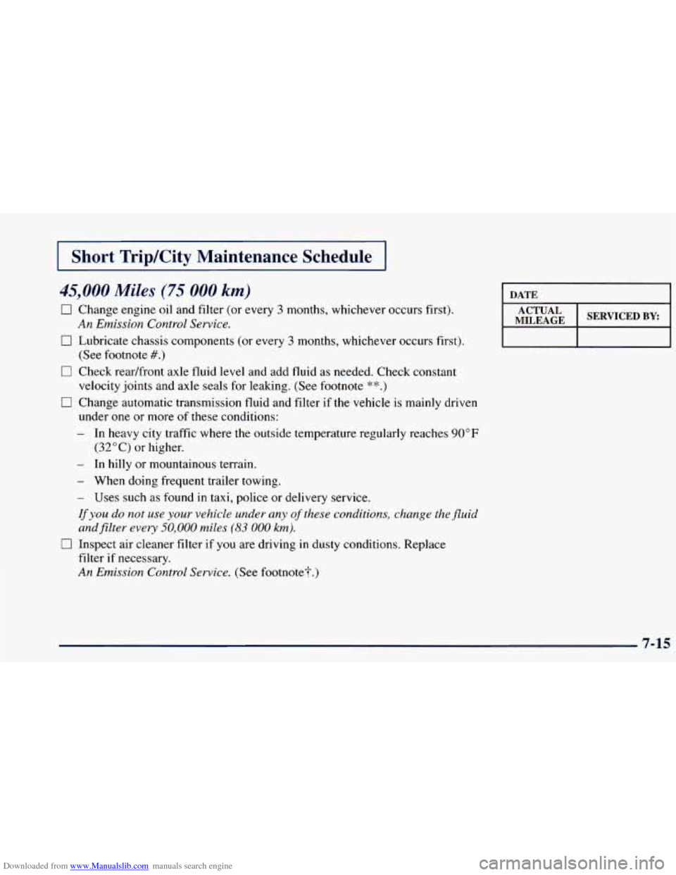 CHEVROLET BLAZER 1998 2.G Owners Manual Downloaded from www.Manualslib.com manuals search engine I Short Trip/City Maintenance Schedule I
45,000 Miles (75 000 km)
0
0
Change engine oil and filter (or every 3 months, whichever occu CHEVROLET BLAZER 1998 2.G Owners Manual Downloaded from www.Manualslib.com manuals search engine I Short Trip/City Maintenance Schedule I
45,000 Miles (75 000 km)
0
0
Change engine oil and filter (or every 3 months, whichever occu