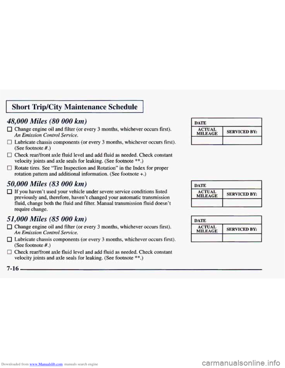 CHEVROLET BLAZER 1998 2.G Owners Manual Downloaded from www.Manualslib.com manuals search engine I Short Trip/City Maintenance Schedule I
48,000 Miles (80 000 km)
Change engine oil and filter (or every 3 months, whichever occurs fir CHEVROLET BLAZER 1998 2.G Owners Manual Downloaded from www.Manualslib.com manuals search engine I Short Trip/City Maintenance Schedule I
48,000 Miles (80 000 km)
Change engine oil and filter (or every 3 months, whichever occurs fir