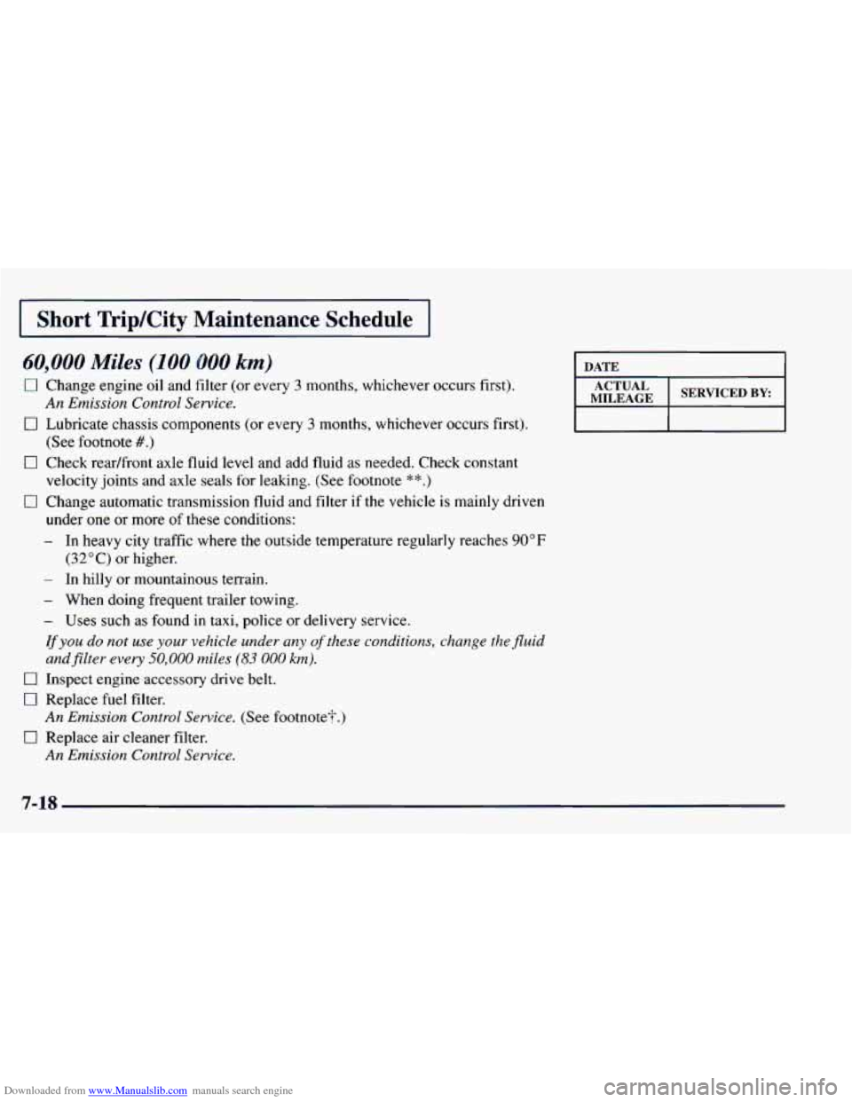 CHEVROLET BLAZER 1998 2.G Owners Manual Downloaded from www.Manualslib.com manuals search engine 1 Short TripKity Maintenance Schedule I
60,000 Miles (100 000 km)
0
CI
0
0
Change engine oil and filter (or every 3 months, whichev CHEVROLET BLAZER 1998 2.G Owners Manual Downloaded from www.Manualslib.com manuals search engine 1 Short TripKity Maintenance Schedule I
60,000 Miles (100 000 km)
0
CI
0
0
Change engine oil and filter (or every 3 months, whichev