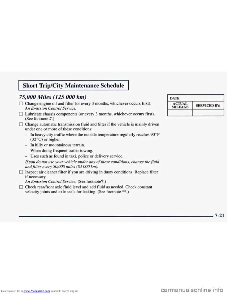 CHEVROLET BLAZER 1998 2.G Owners Manual Downloaded from www.Manualslib.com manuals search engine I Short TripKity Maintenance Schedule I
75,000 Miles (125 000 km)
0 Change engine oil and filter (or every 3 months, whichever occurs fi CHEVROLET BLAZER 1998 2.G Owners Manual Downloaded from www.Manualslib.com manuals search engine I Short TripKity Maintenance Schedule I
75,000 Miles (125 000 km)
0 Change engine oil and filter (or every 3 months, whichever occurs fi