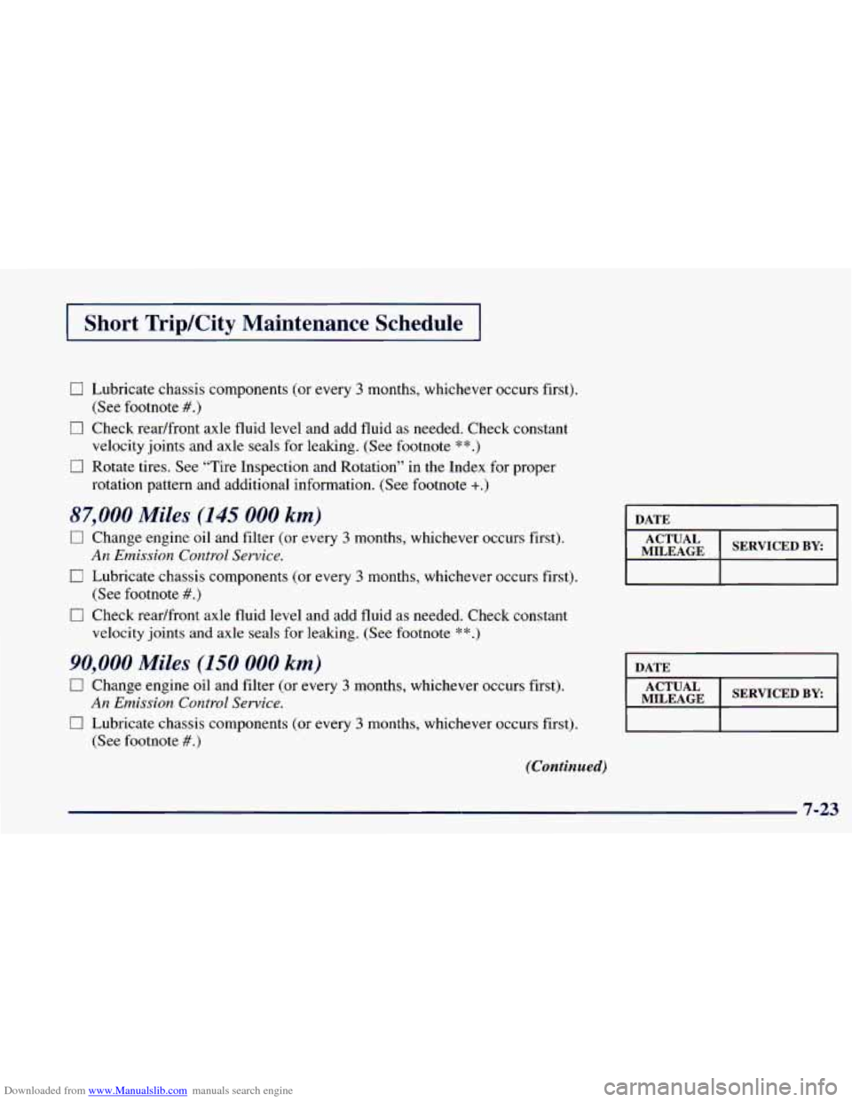 CHEVROLET BLAZER 1998 2.G Owners Manual Downloaded from www.Manualslib.com manuals search engine I Short TripKity Maintenance Schedule I
0 Lubricate chassis components (or every 3 months, whichever occurs first).
0 Check readfront a CHEVROLET BLAZER 1998 2.G Owners Manual Downloaded from www.Manualslib.com manuals search engine I Short TripKity Maintenance Schedule I
0 Lubricate chassis components (or every 3 months, whichever occurs first).
0 Check readfront a