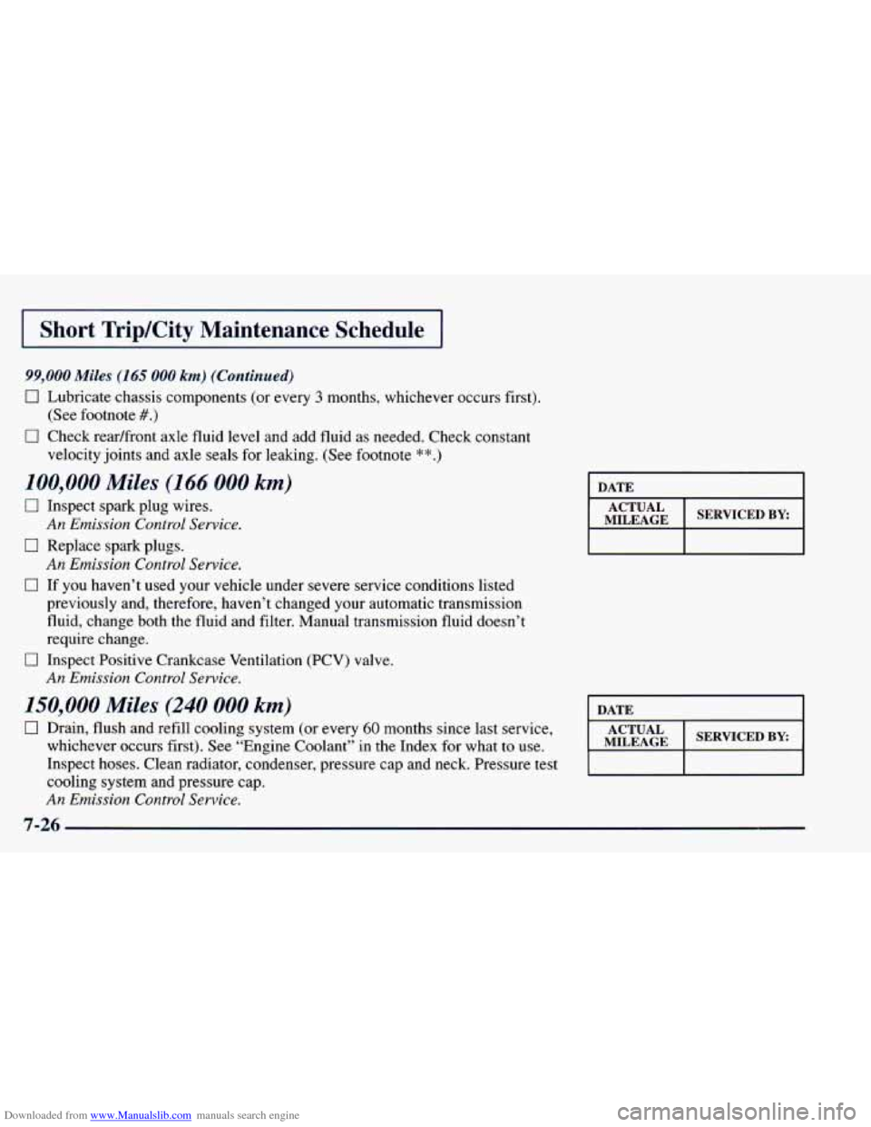 CHEVROLET BLAZER 1998 2.G Owners Manual Downloaded from www.Manualslib.com manuals search engine I Short Trip/City Maintenance Schedule I
99,000 Miles (165 000 km) (Continued)
0 Lubricate chassis co )on ts (or every 3 months, whicheve CHEVROLET BLAZER 1998 2.G Owners Manual Downloaded from www.Manualslib.com manuals search engine I Short Trip/City Maintenance Schedule I
99,000 Miles (165 000 km) (Continued)
0 Lubricate chassis co )on ts (or every 3 months, whicheve