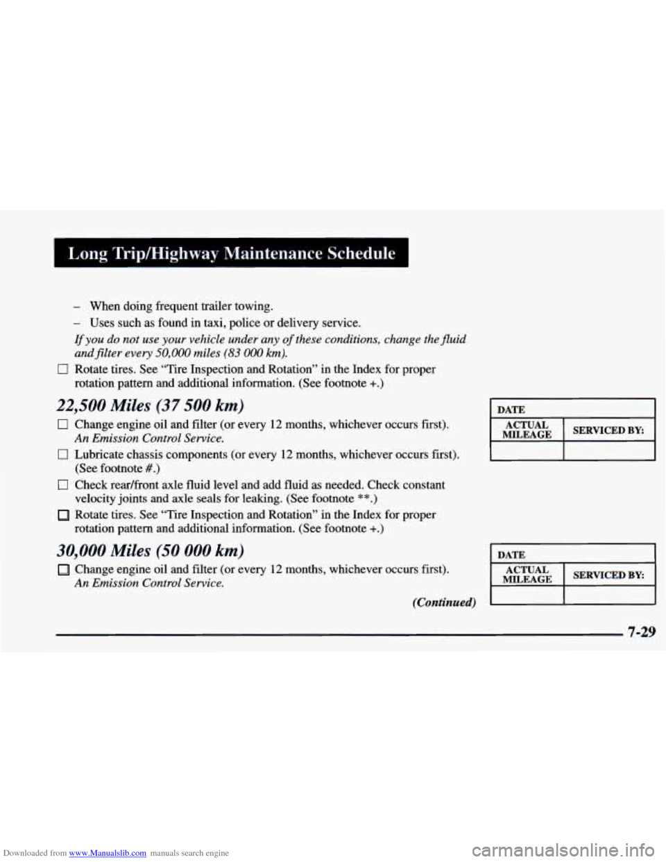 CHEVROLET BLAZER 1998 2.G Owners Manual Downloaded from www.Manualslib.com manuals search engine Long TrlpEIighway Maintenance Schedule
- When doing frequent trailer towing.
- Uses such as found in taxi, police or delivery service.
CHEVROLET BLAZER 1998 2.G Owners Manual Downloaded from www.Manualslib.com manuals search engine Long TrlpEIighway Maintenance Schedule
- When doing frequent trailer towing.
- Uses such as found in taxi, police or delivery service.