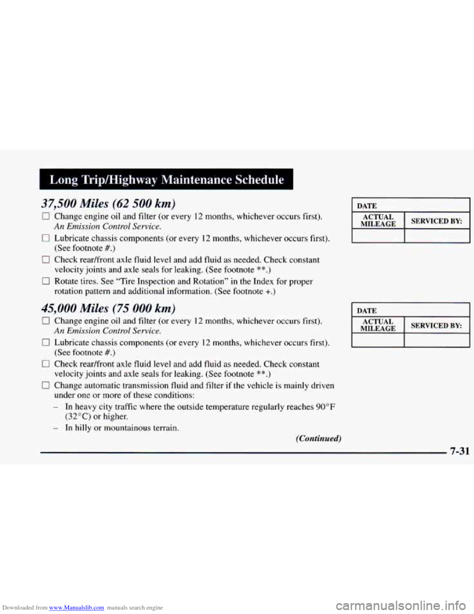 CHEVROLET BLAZER 1998 2.G Owners Manual Downloaded from www.Manualslib.com manuals search engine Long Tripmighway Maintenance Schedule I
37,500 Miles (62 500 km)
0 Change engine oil and filter (or every 12 months, whichever occurs f CHEVROLET BLAZER 1998 2.G Owners Manual Downloaded from www.Manualslib.com manuals search engine Long Tripmighway Maintenance Schedule I
37,500 Miles (62 500 km)
0 Change engine oil and filter (or every 12 months, whichever occurs f