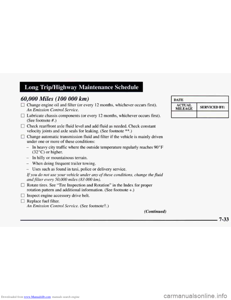 CHEVROLET BLAZER 1998 2.G Owners Manual Downloaded from www.Manualslib.com manuals search engine Long Tripmighway Maintenance Schedule
60,000 Miles (100 000 km)
0 Change engine oil and filter (or every 12 months, whichever occurs f CHEVROLET BLAZER 1998 2.G Owners Manual Downloaded from www.Manualslib.com manuals search engine Long Tripmighway Maintenance Schedule
60,000 Miles (100 000 km)
0 Change engine oil and filter (or every 12 months, whichever occurs f