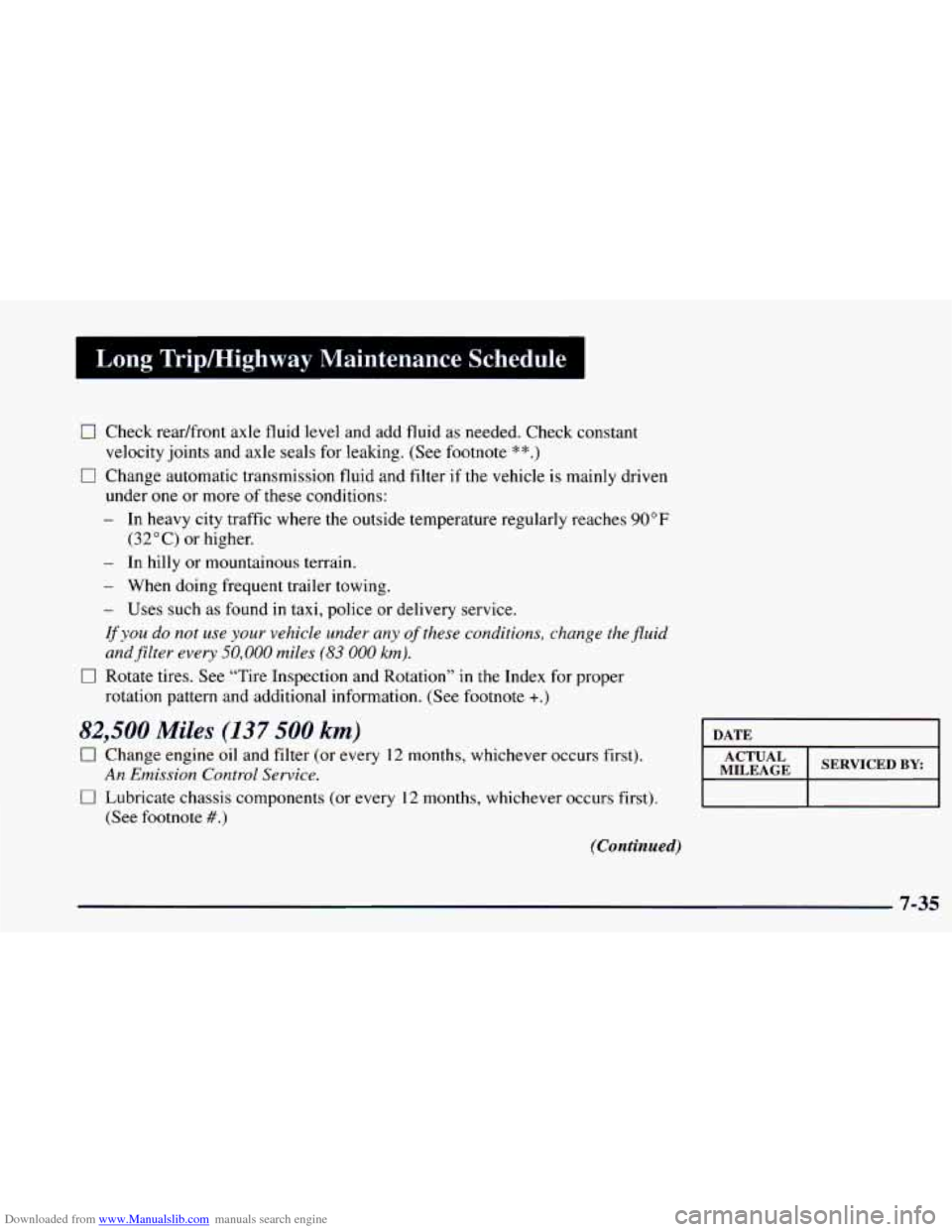 CHEVROLET BLAZER 1998 2.G Owners Manual Downloaded from www.Manualslib.com manuals search engine Long Tripmighway Maintenance Schedule
0 Check readfront axle fluid level and add fluid as needed. Check constant
velocity joints and ax CHEVROLET BLAZER 1998 2.G Owners Manual Downloaded from www.Manualslib.com manuals search engine Long Tripmighway Maintenance Schedule
0 Check readfront axle fluid level and add fluid as needed. Check constant
velocity joints and ax