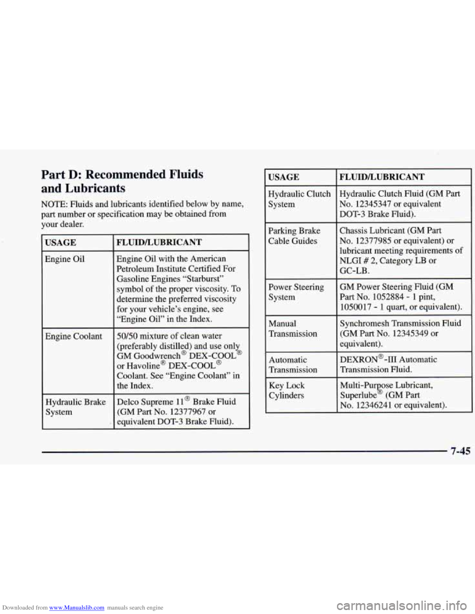 CHEVROLET BLAZER 1998 2.G Owners Manual Downloaded from www.Manualslib.com manuals search engine Part D: Recommended Fluids
and Lubricants
NOTE: Fluids and lubricants identified below by name,
part number or specification may be CHEVROLET BLAZER 1998 2.G Owners Manual Downloaded from www.Manualslib.com manuals search engine Part D: Recommended Fluids
and Lubricants
NOTE: Fluids and lubricants identified below by name,
part number or specification may be