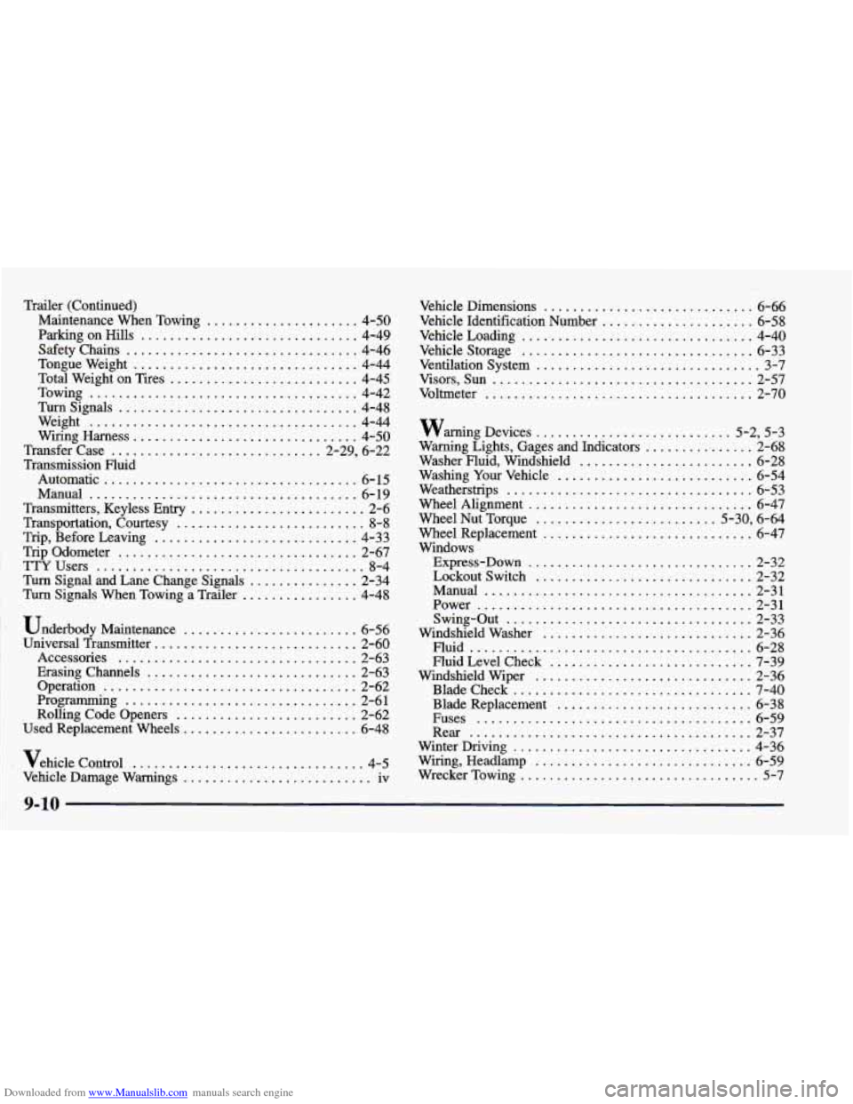 CHEVROLET BLAZER 1998 2.G Owners Manual Downloaded from www.Manualslib.com manuals search engine Trailer (Continued) Maintenance When Towing
..................... 4-50
Parking on Hills
.............................. 4-49
Safety Ch CHEVROLET BLAZER 1998 2.G Owners Manual Downloaded from www.Manualslib.com manuals search engine Trailer (Continued) Maintenance When Towing
..................... 4-50
Parking on Hills
.............................. 4-49
Safety Ch