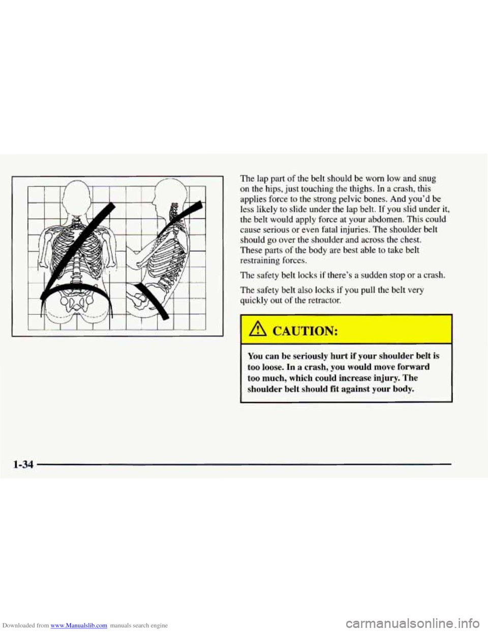 CHEVROLET BLAZER 1998 2.G Service Manual Downloaded from www.Manualslib.com manuals search engine I I I I 
The lap part of the  belt  should  be  worn  low  and  snug 
on the hips,  just touching  the  thighs.  In  a crash, this 
applies  fo