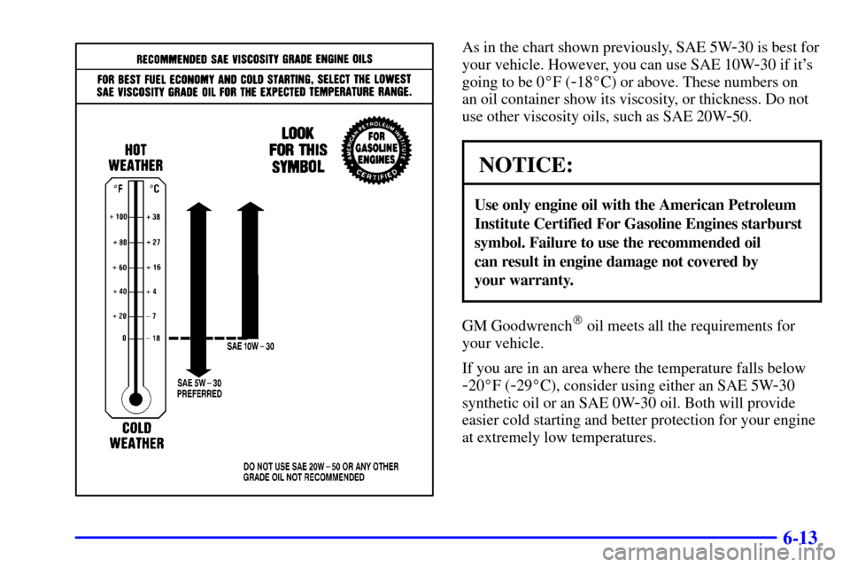 CHEVROLET C3500 HD 2001 4.G Owners Manual 6-13
As in the chart shown previously, SAE 5W-30 is best for
your vehicle. However, you can use SAE 10W
-30 if its
going to be 0F (
-18C) or above. These numbers on 
an oil container show its visco