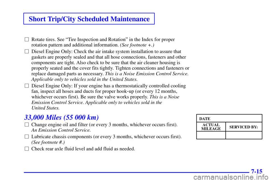 CHEVROLET C3500 HD 2001 4.G User Guide Short Trip/City Scheduled Maintenance
7-15
Rotate tires. See ªTire Inspection and Rotationº in the Index for proper
rotation pattern and additional information. (See footnote +.)
Diesel Engine Onl