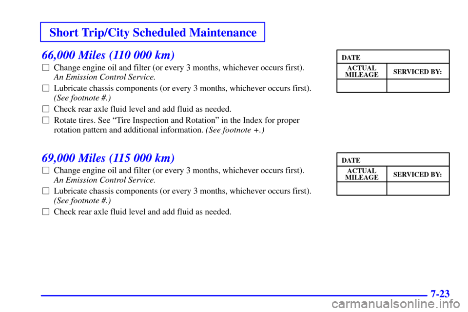 CHEVROLET C3500 HD 2001 4.G Owners Manual Short Trip/City Scheduled Maintenance
7-23
66,000 Miles (110 000 km)
Change engine oil and filter (or every 3 months, whichever occurs first). 
An Emission Control Service. 
Lubricate chassis compon