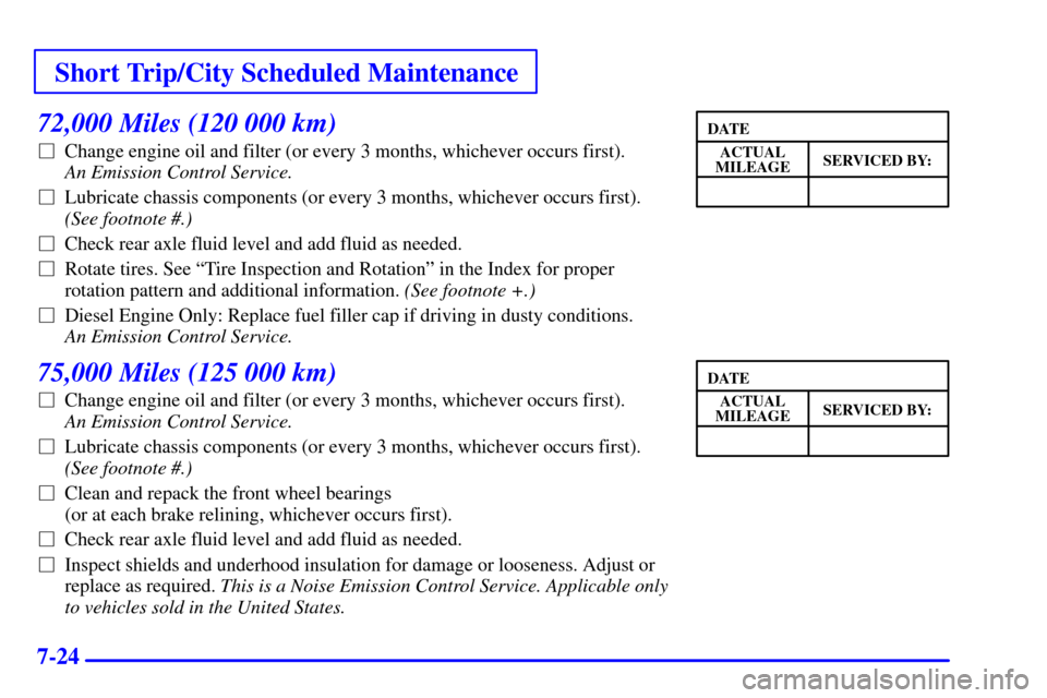 CHEVROLET C3500 HD 2001 4.G User Guide Short Trip/City Scheduled Maintenance
7-24
72,000 Miles (120 000 km)
Change engine oil and filter (or every 3 months, whichever occurs first). 
An Emission Control Service. 
Lubricate chassis compon