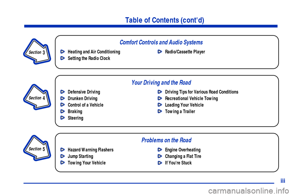 CHEVROLET C3500 HD 2001 4.G Owners Manual iii
Section 
 3
Comfort Controls and Audio Systems
Section 
 4
Your Driving and the Road
Section 
 5
Table of Contents (contd)
Defensive Driving 
Drunken Driving
Control of a Vehicle
Braking
Steering